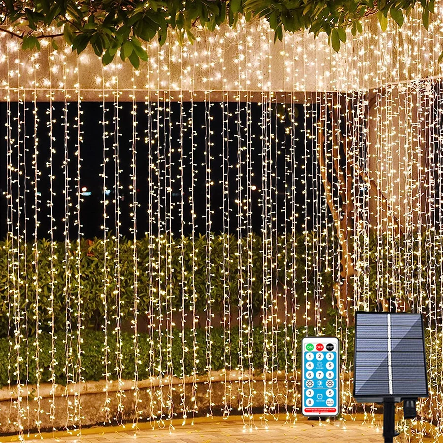 

6X3M 600 LED Solar Curtain Lights With Remote Waterproof Waterfall Fairy Light String Window Wall Hanging Solar Icicle Light