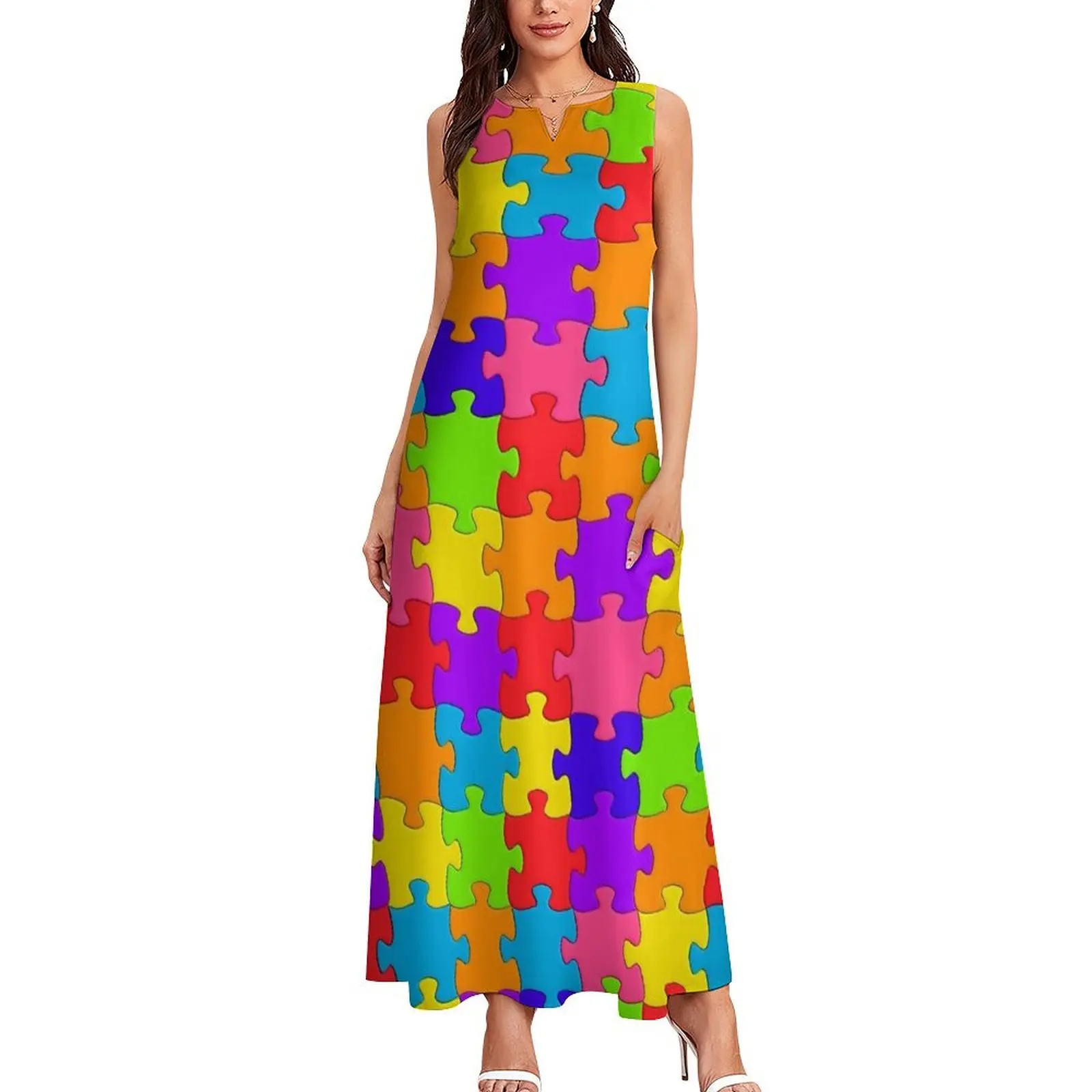 Jigsaw pattern multicolour design Long Dress dress women summer 2025 evening dress woman