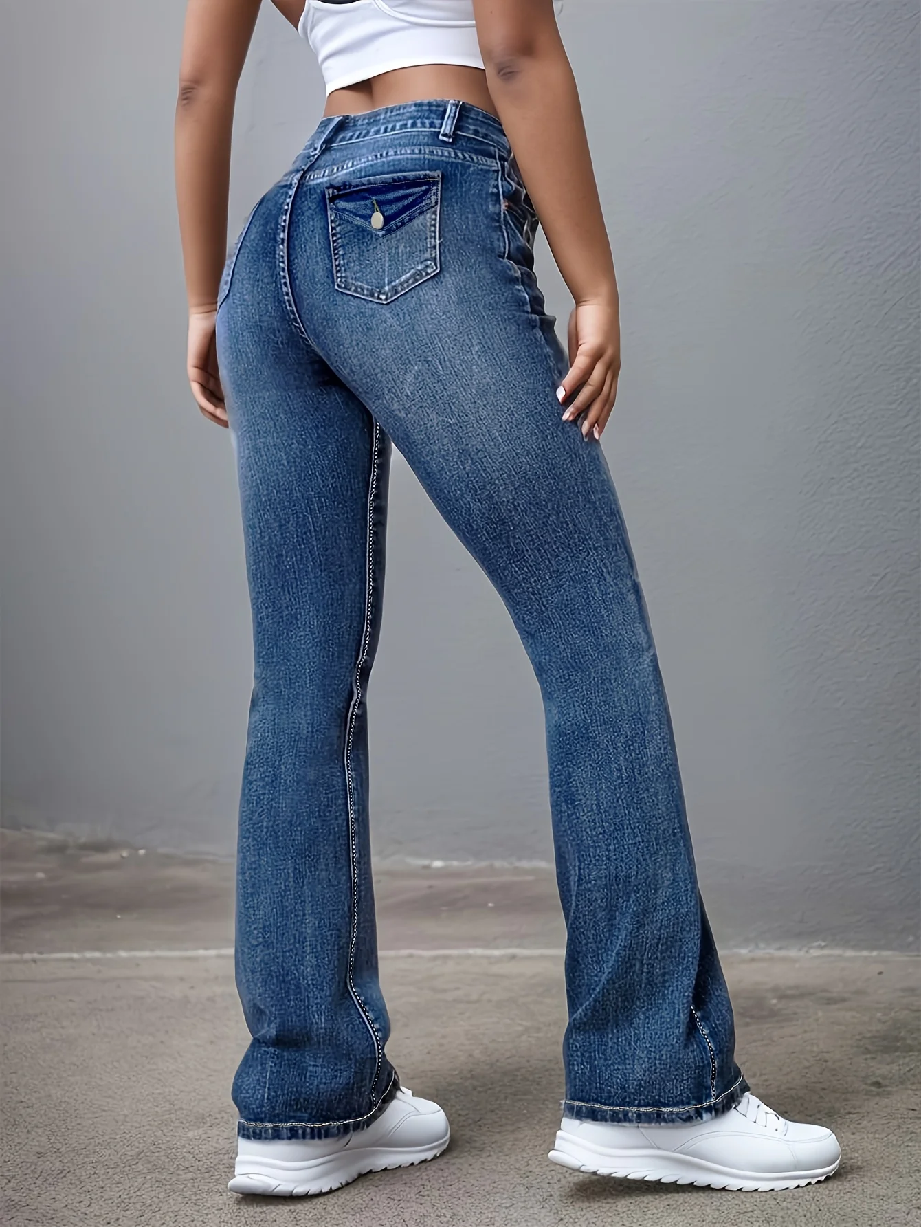 جينز كاجوال ممزق اللحية المتعثرة، جينز عالي المرونة مغسول، سروال واسع بجيب مائل وزر مزدوج