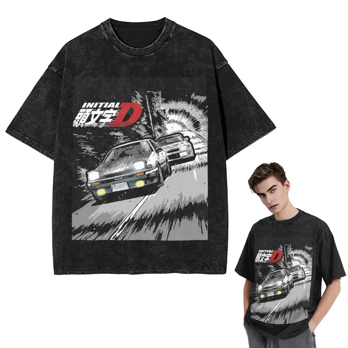 Streetwear T-Shirts Initial D - Mountain Drift Racing AE86 Washed T Shirt Short Sleeve Hip Hop T-Shirt Tops Tees for Men Women