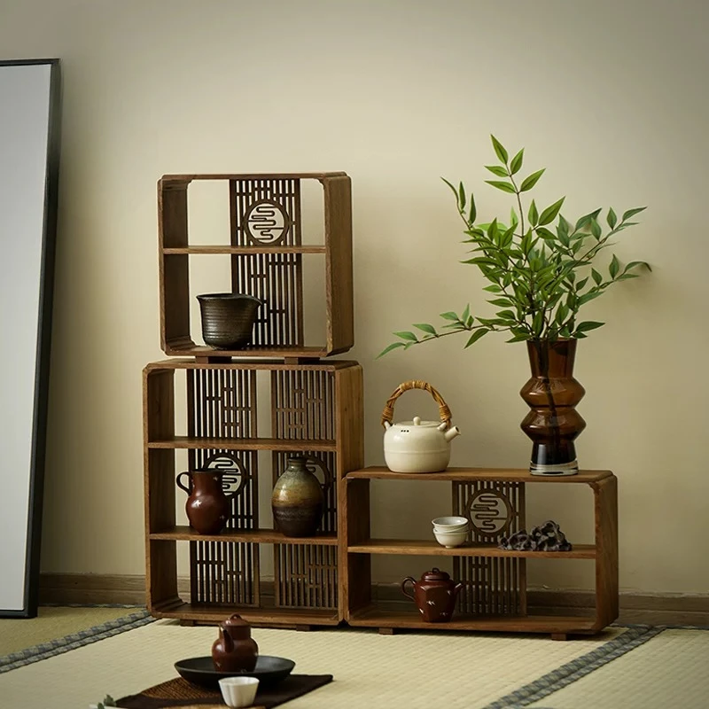 Walnut Curio Display Shelf Wooden Teapot Cups Storage Cabinet Vintage Curved Edge Organizer for Living Room Home Showcase Stand