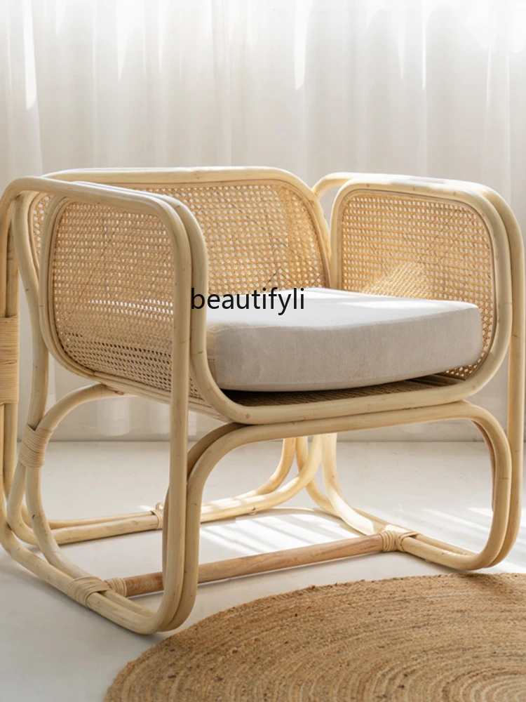 Nordic Style Single-Seat Sofa Chair Armchair Square Rattan Chair Hand-Woven