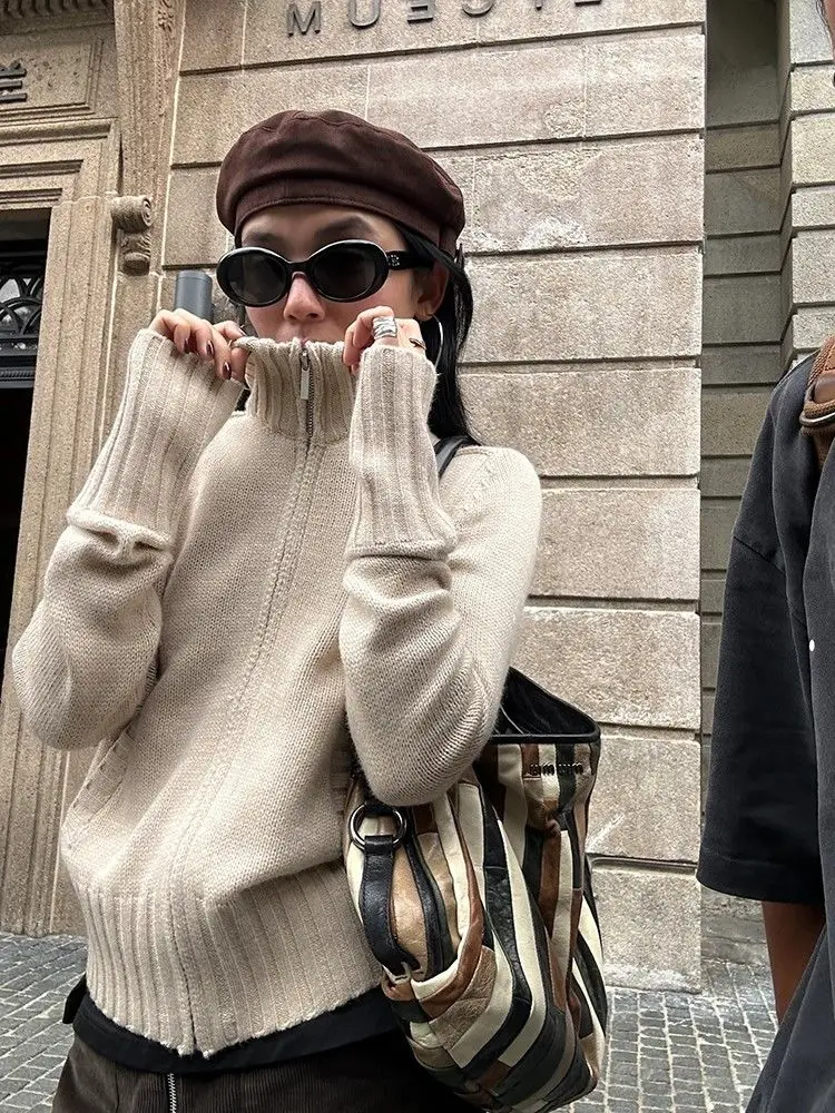 Koreanischen Stil Zipper Strickjacke Frauen Vintage Casual Langarm Pullover Harajuku Herbst Winter Schwarz Strickjacke