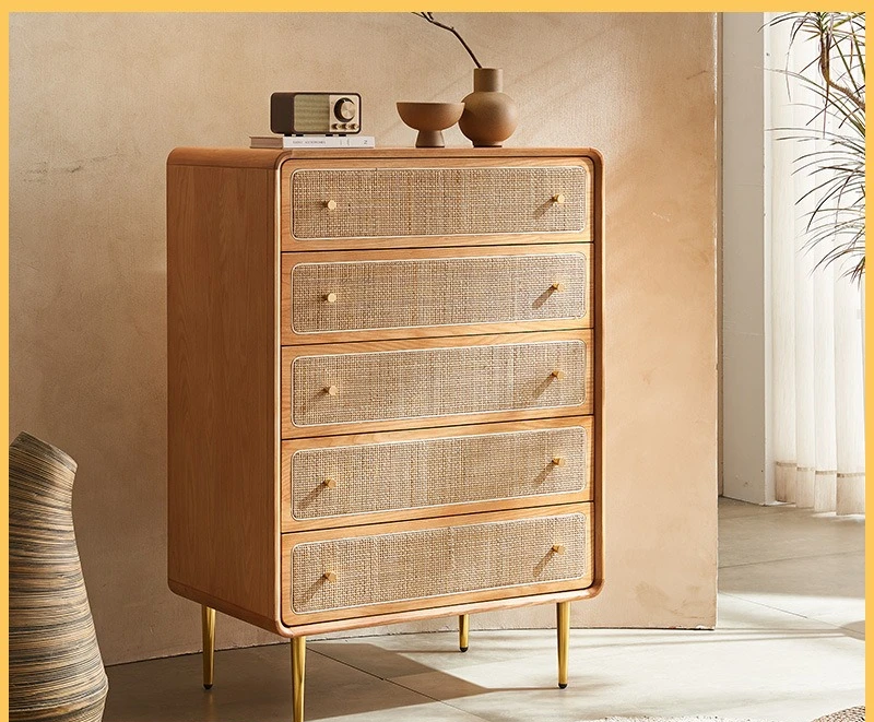 Solid wood rattan four five six bucket cabinet wabi-sabi wind dining side drawer storage porch cabinet
