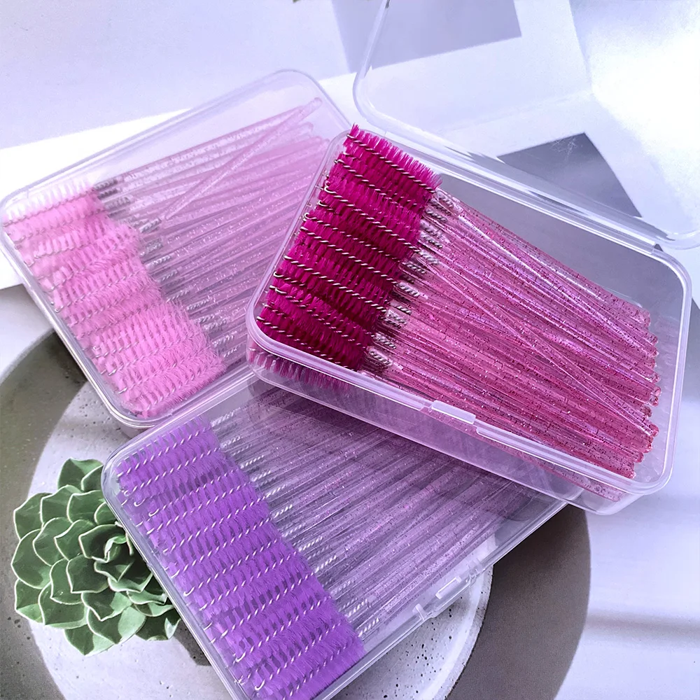 50 Uds cepillo de pestañas con caja mango de diamante de cristal aplicador de varita de rímel pinceles de maquillaje de cejas herramientas de extensión de pestañas