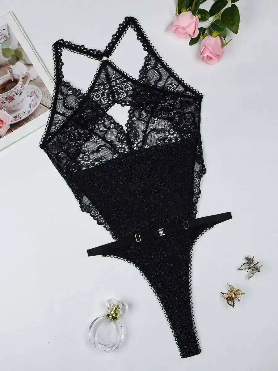 Fashionable Lace Transparent Bodysuits Backless Deep V Suspenders Sleeveless Sexy Bodysuits Charming Elegant Thin Casual FZ1L