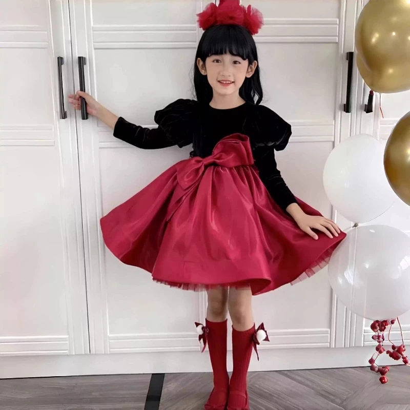 Girls Lolita Style Dress Children Bubble Sleeves Bow Tie Waist Puffy Kids Formal Party Princess Gow Skirt Red Black Color Block