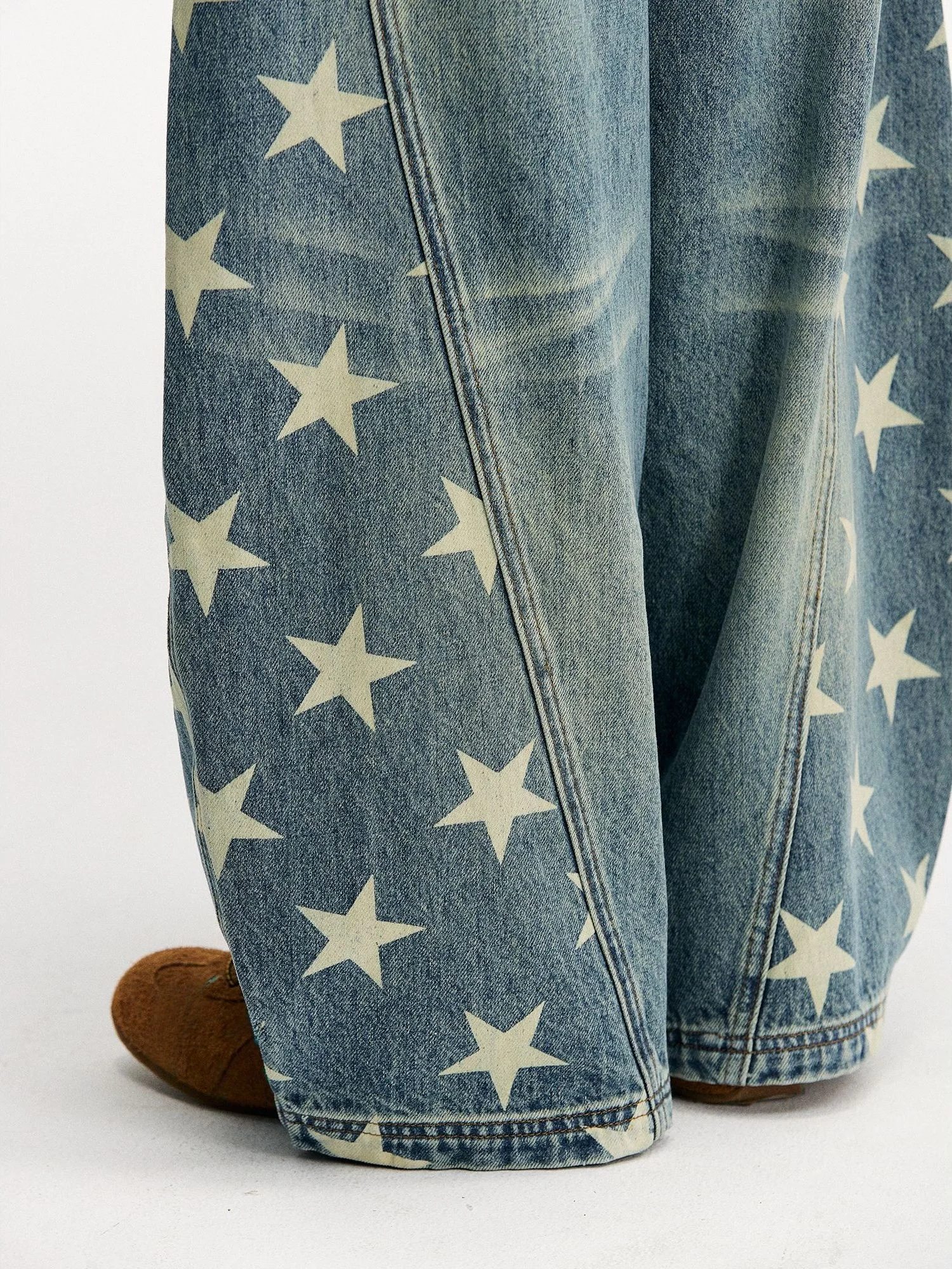 

Retro American Street Loose Wide Leg Jeans Men's Vintage Waed Floor-Length Knife Star Print Casual Cotton Denim