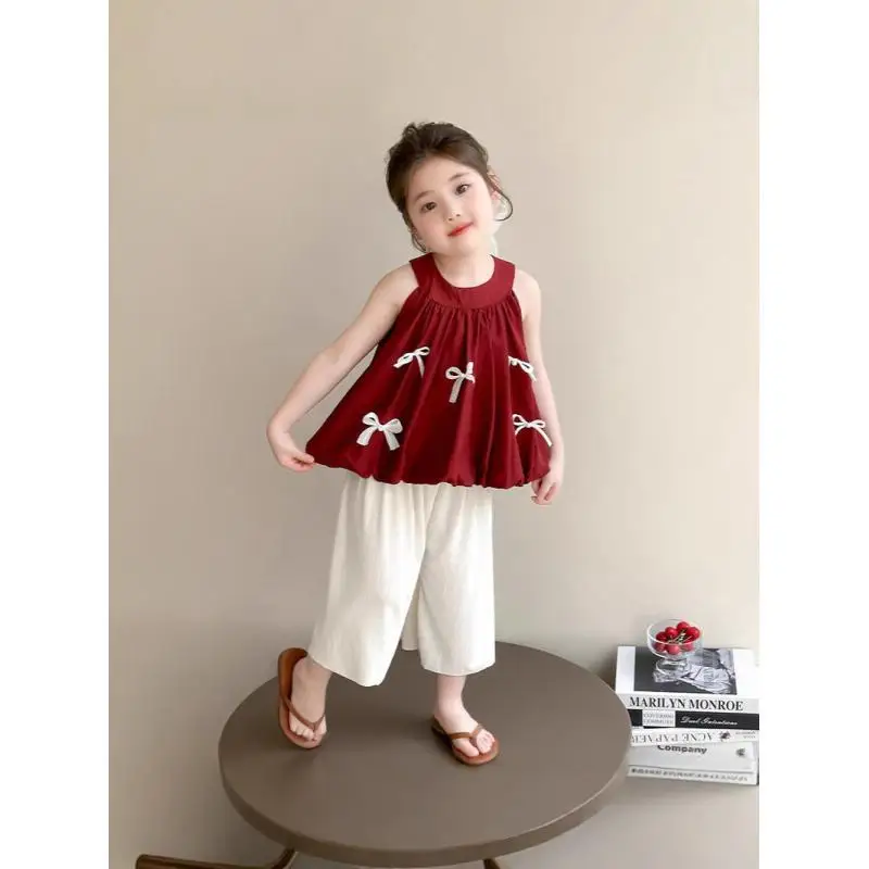 Girls' Bow Set 2026 Summer New Style Children's Clothing for Baby Girls Thin Neck Hanging Tank Top Summer Two Piece Set Trendy