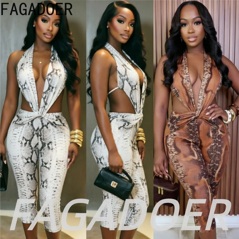 FAGADOER Hot Girl Sexy Snake Print One Piece Rompers Fashion Ruched Deep V Backless Lace-up Bodycon Jumpsuits Summer Playsuits