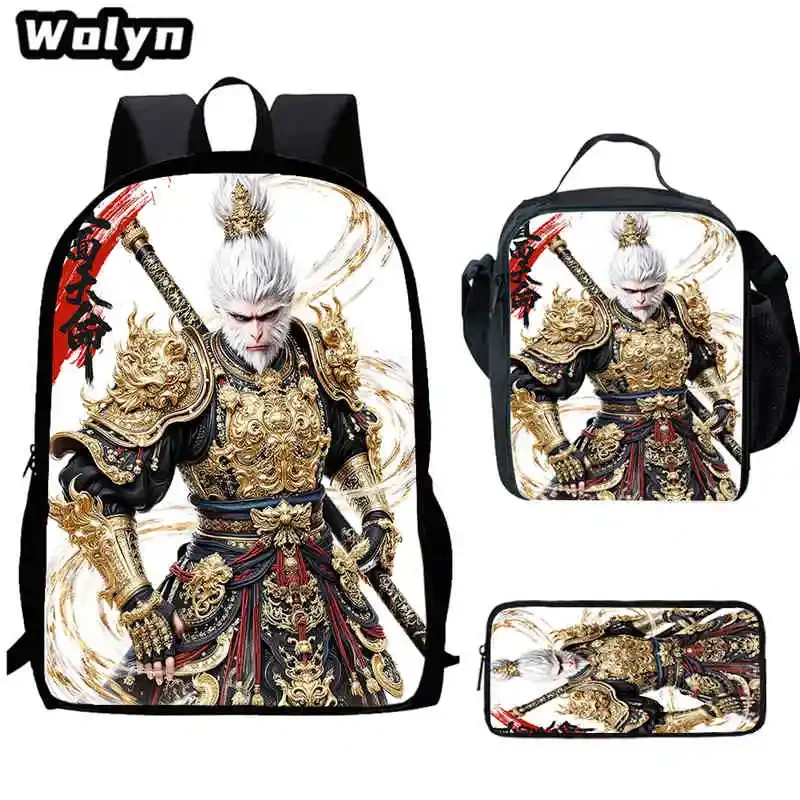 3Pcs Set Black Anime Myth Wu-King School Backpack with Lunch Bags Pencil Bags for Boys Girls,Anime School Bags for Kindergarten