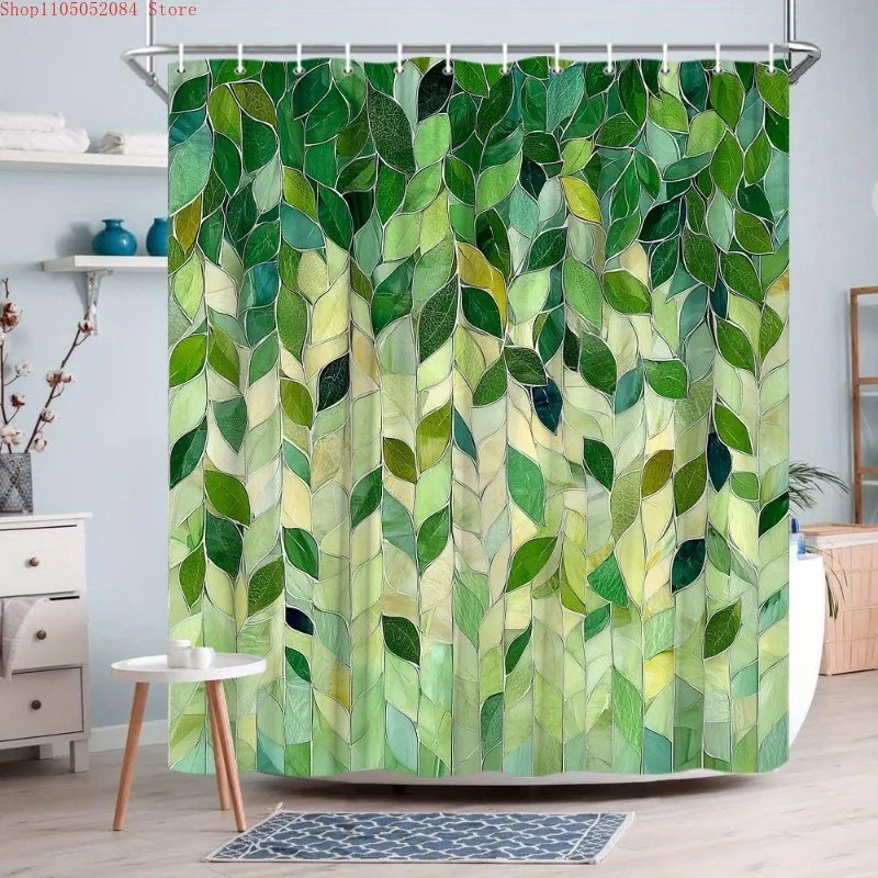 1pc abstract green leaves shower curtain vertical mosaic  -   With Hooks Waterproof Mildew Proof Easy Install Washable - view 3