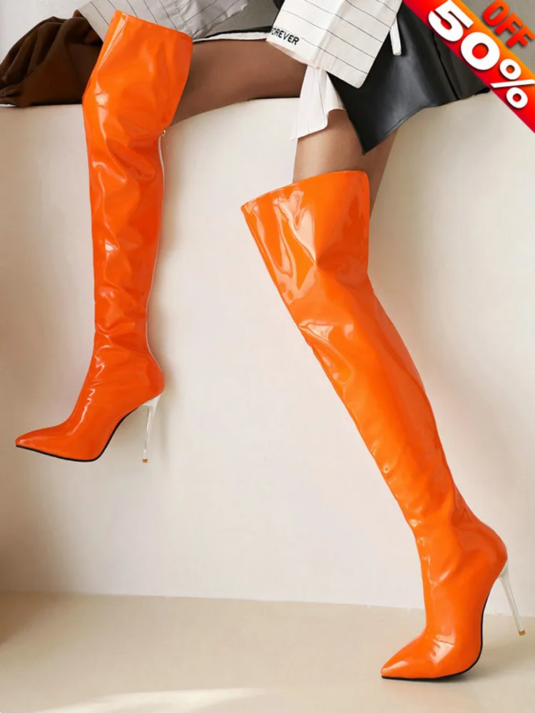 

4Inches Yellow Sexy Fetish Shoes Pointed Toe Stripper Heels Over The Knee Boots Party Nightclub 10cm Fashion Models Thin Heels