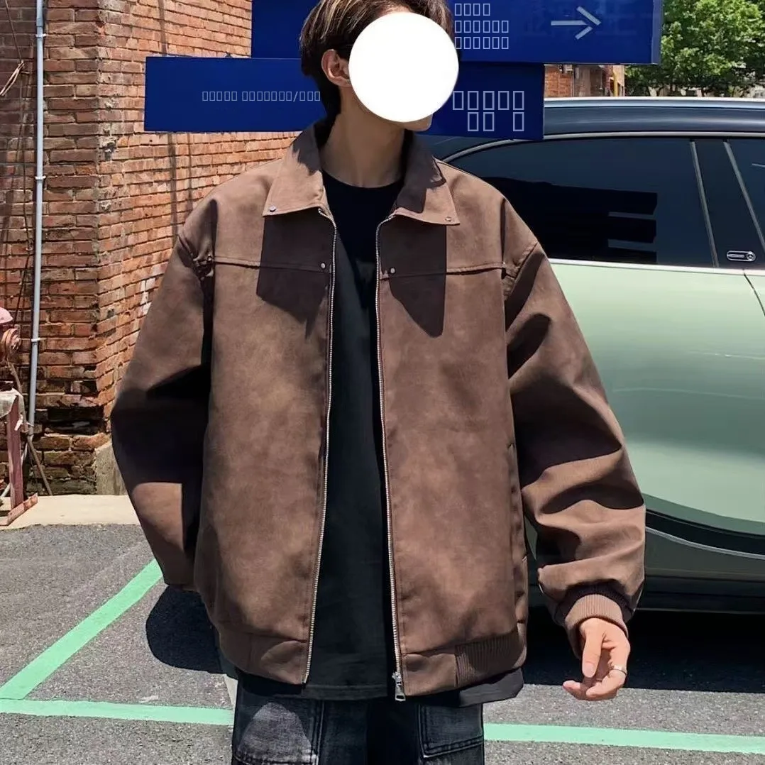 

Мужская повседневная куртка из коричневой замши с декоративной молнией, ветрозащитная, для весны и осени, молодежная, для игр на открытом воздухе