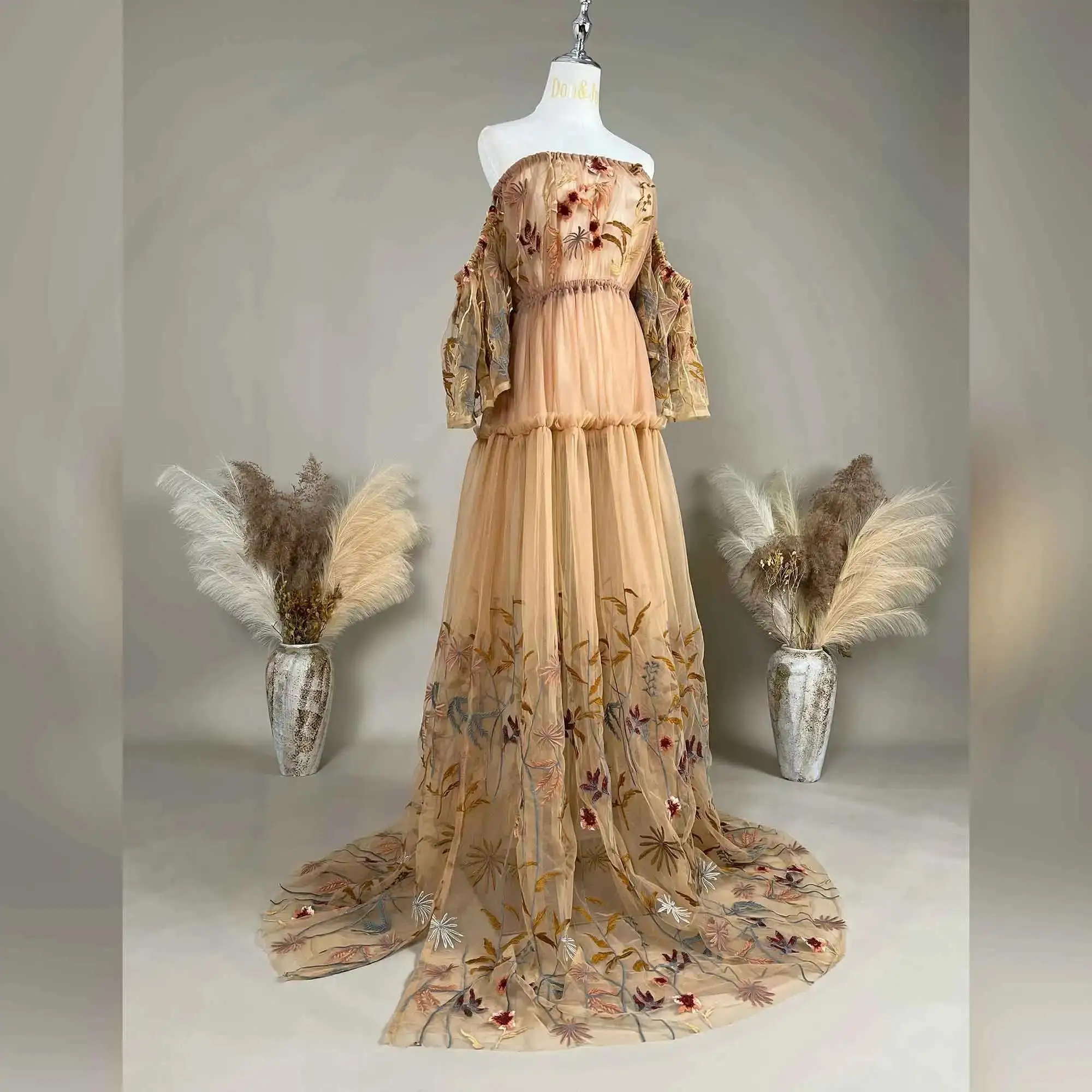 Don&Judy チュール刺繍ガウンドレス マタニティ写真撮影セッション写真ドレス 小道具 取り外し可能なライナー付き