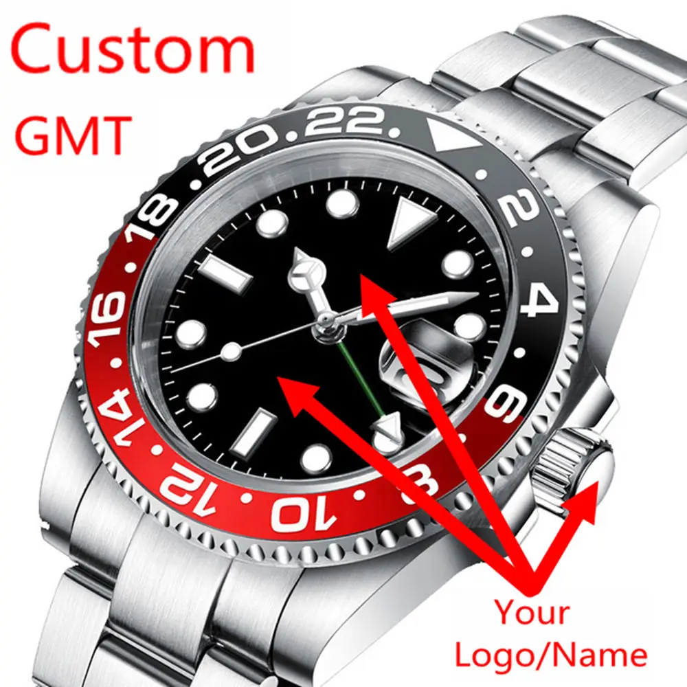 Custom Luxury 40mm GMT Watch Mechanical Wristwatches for Men Waterproof Luminous Quartz Reloj Stainless Steel Sapphire Glass
