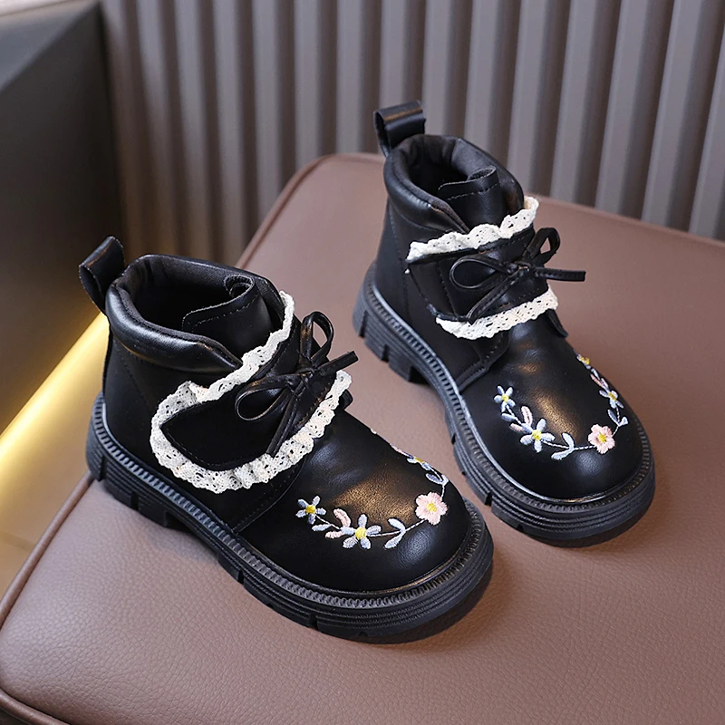 Little Girls Floral Embroidery Ankle Boots, Toddler Sweet Lace Bow Decor Short Boots, Side Zipper Autumn Winter Princess  Boots