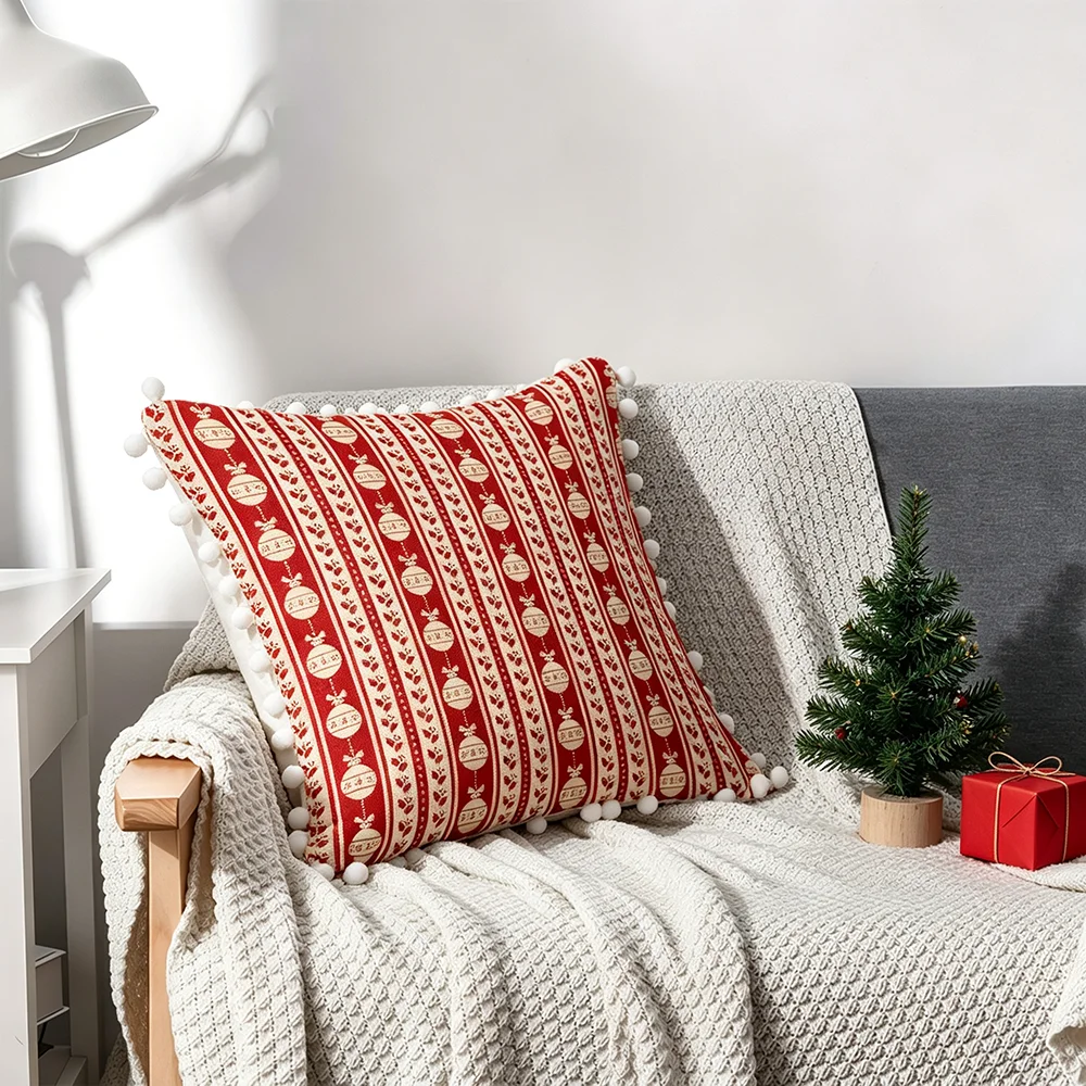 Red Fair Isle Stripe Print Pom Pom Tassel Pillow Covers, Home Decor, Sofa Couch, Bed, Bedroom Living Room, Polyester, Christmas