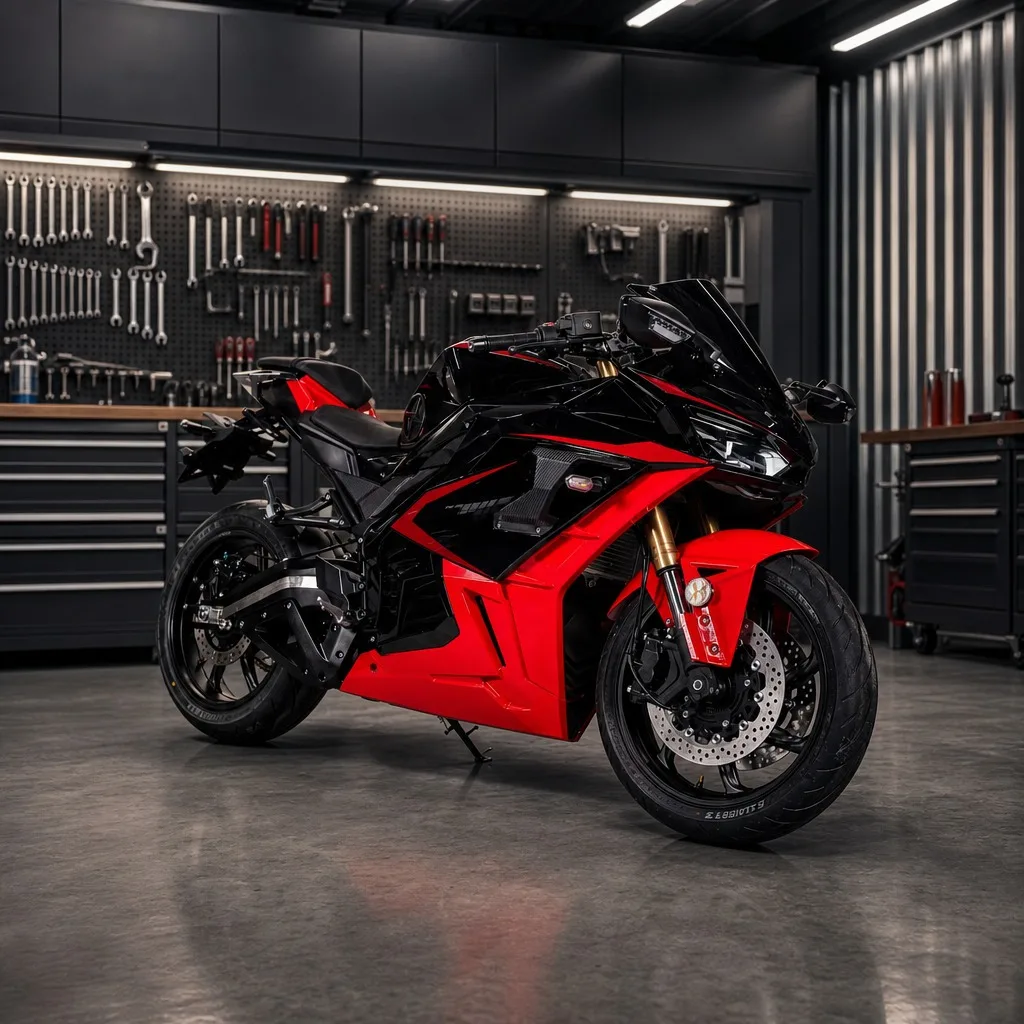 Black Red Enclosed Electric Sport Motorcycle With Full Fairing Twin Headlights and Disc Brakes