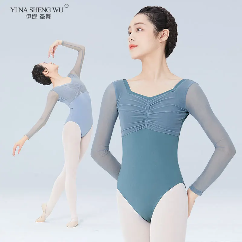 

Балетные трико, женские гимнастические трико с квадратным воротником и V-образным вырезом на спине, танцевальный трико с длинными рукавами, нейлоновый танцевальный боди, купальник для взрослых