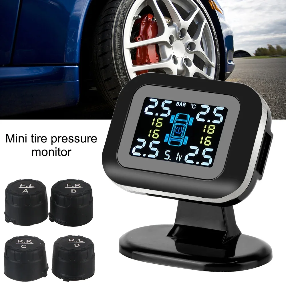 USB TPMS พร้อม 4 ชิ้นเซ็นเซอร์ภายนอกจอแสดงผล LCD ไร้สายระบบเตือนภัยอัตโนมัติระบบตรวจสอบความดันยางรถยนต์ขนาดเล็ก