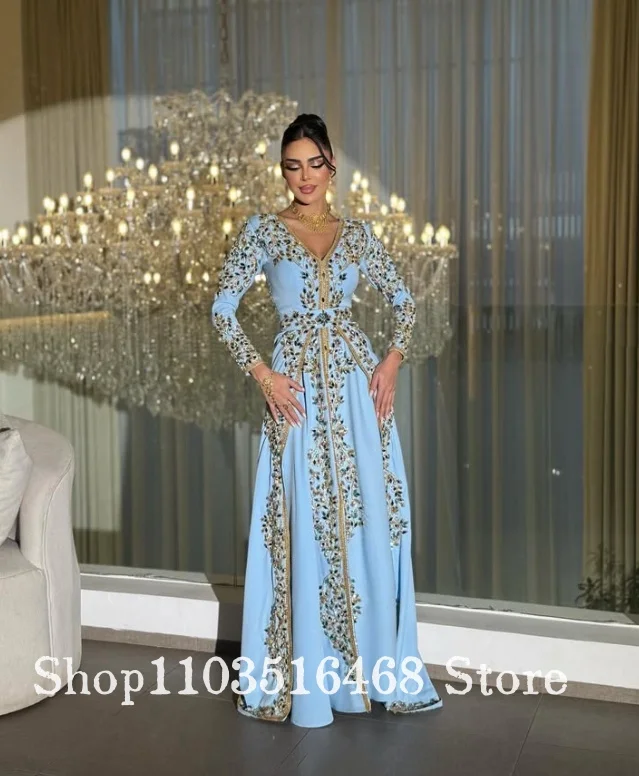 Suknia wieczorowa w kolorze błękitnego nieba, w stylu Bliskiego Wschodu, z koralikami, dekolt w serek, na formalną okazję, bal, zaręczyny, arabska impreza taneczna.