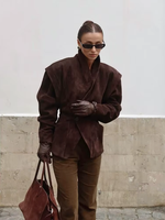 Vintage Brown Suede Jackets Women Fashion Solid V Neck Long Sleeve Pocket Lapel Single Button Jacket 2025 Fashion Street Outwear