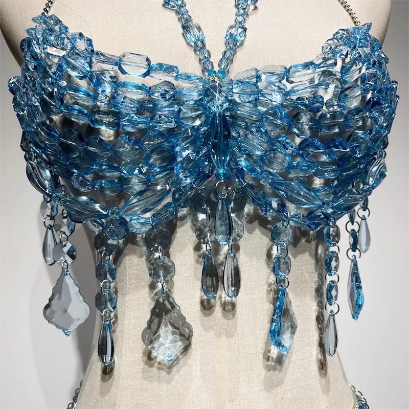 Luxury Blue Beaded Bikini Music Rave Party Body Chain Jewelry Bridal Wedding Accessories Fringe Crystal Mermaid Bra Top & Skirt
