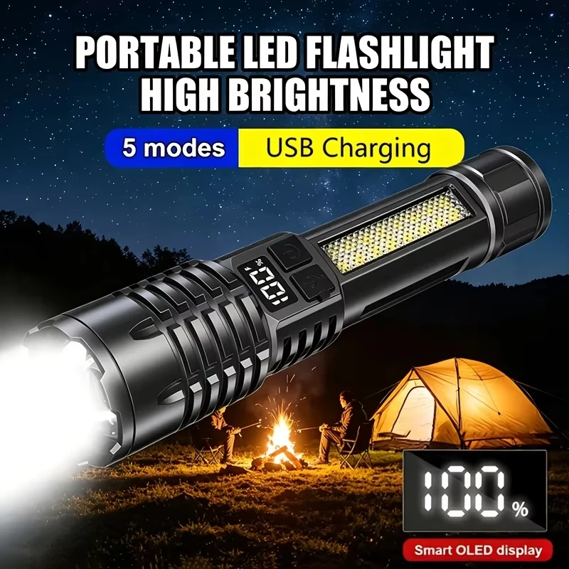 High Power LED Flashlight Portable Zoom Torch Type-C RechargeableWaterproof Light with COB Side Lamp for Outdoor Camping Hiking