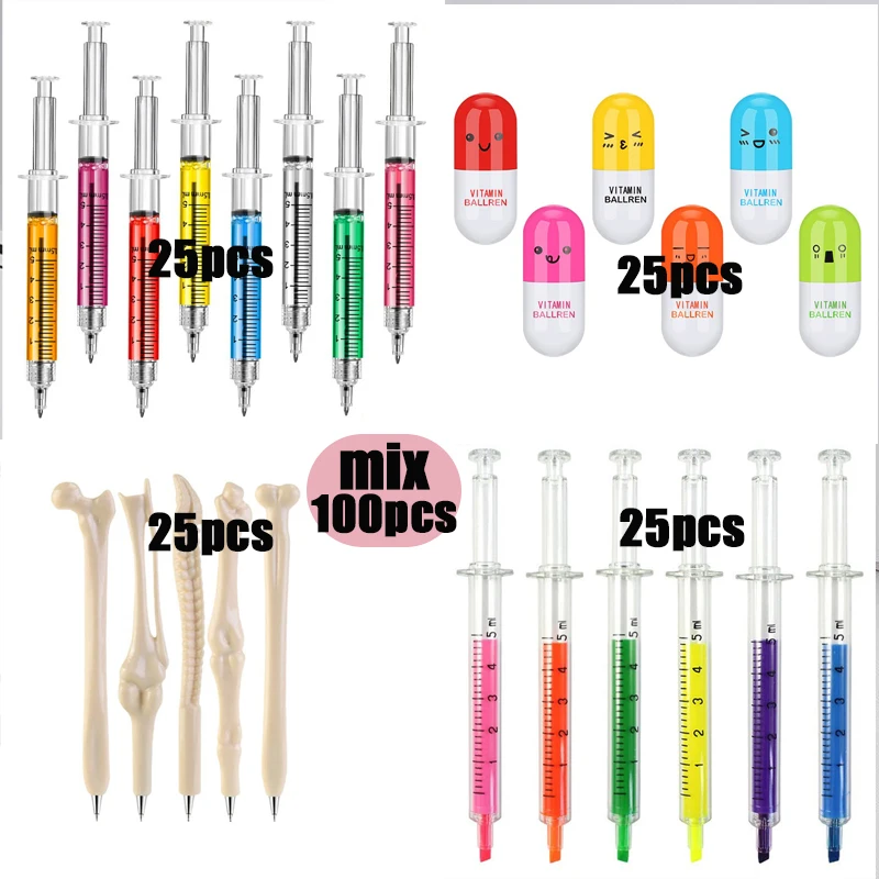 100Pcs Syringe Pens+Pill Pens+Bone-Design Ballpoint Pens — Gifts for Healthcare Professionals Perfect for Halloween