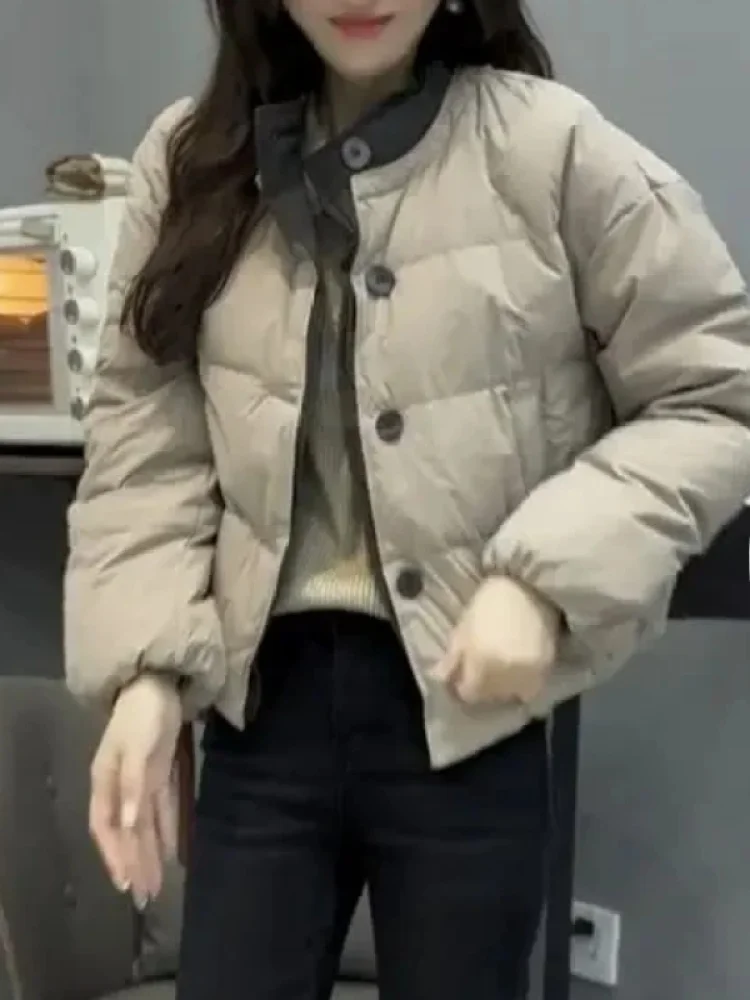 

Модная женская утепленная куртка-пуховик с воротником-стойкой и цветовыми блоками, свободного кроя, в корейском стиле