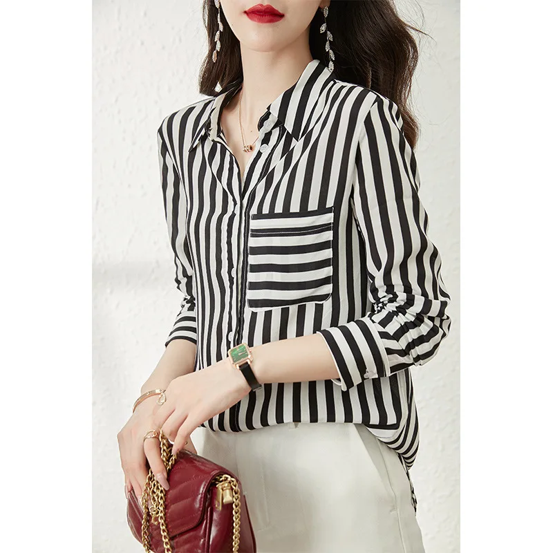 Striped Silk Shirt Women Silk Blouse In Early Spring 2024 Summer New Silk Shirt Mulberry Silk Shirt OL Style