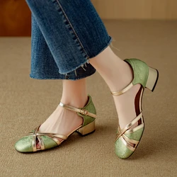 Women's New Spring/Summer Round Head Genuine Leather Leather Bag with Colored Mid Heel and Large Elastic Headed Muller Sandals