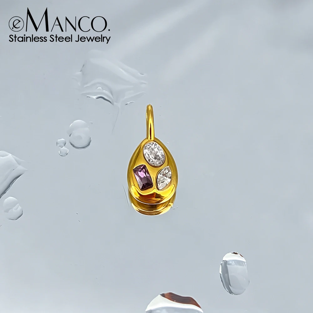 EMANCO Stainless Steel Geometric Pendant with Purple and Clear CZ Stones Minimalist Art Deco Style for Social Occasions