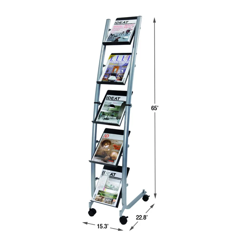 Narrow Mobile Literature Display - Floor Standing Magazine Rack  Document and Newspapers Holder  5 Levels - Metallic