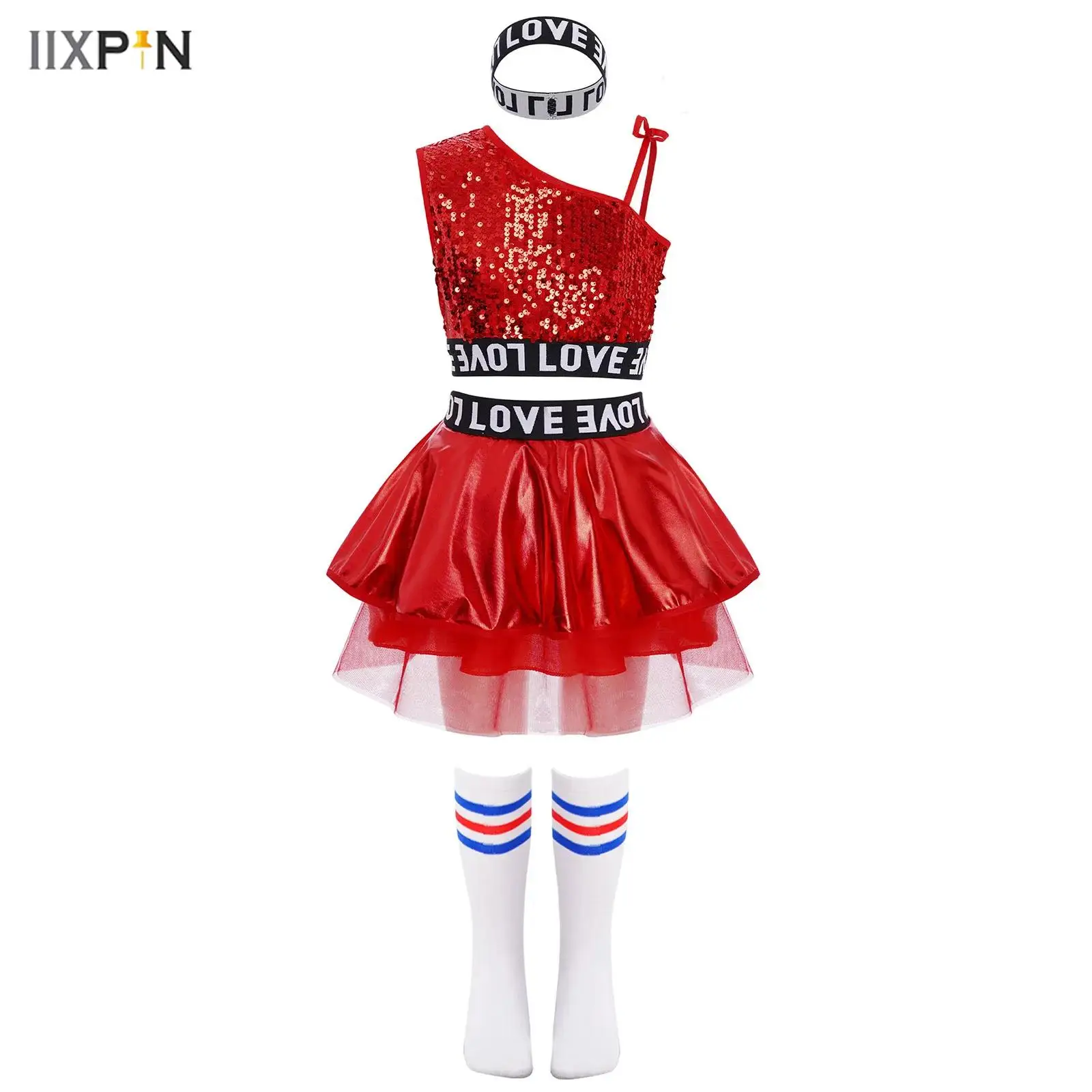 

Kids Girls Hip-Hop Jazz Dance Outfit Sleeveless Sequins Vest with Metallic Tutu Skirt Letter Printed Hairband and Striped Socks