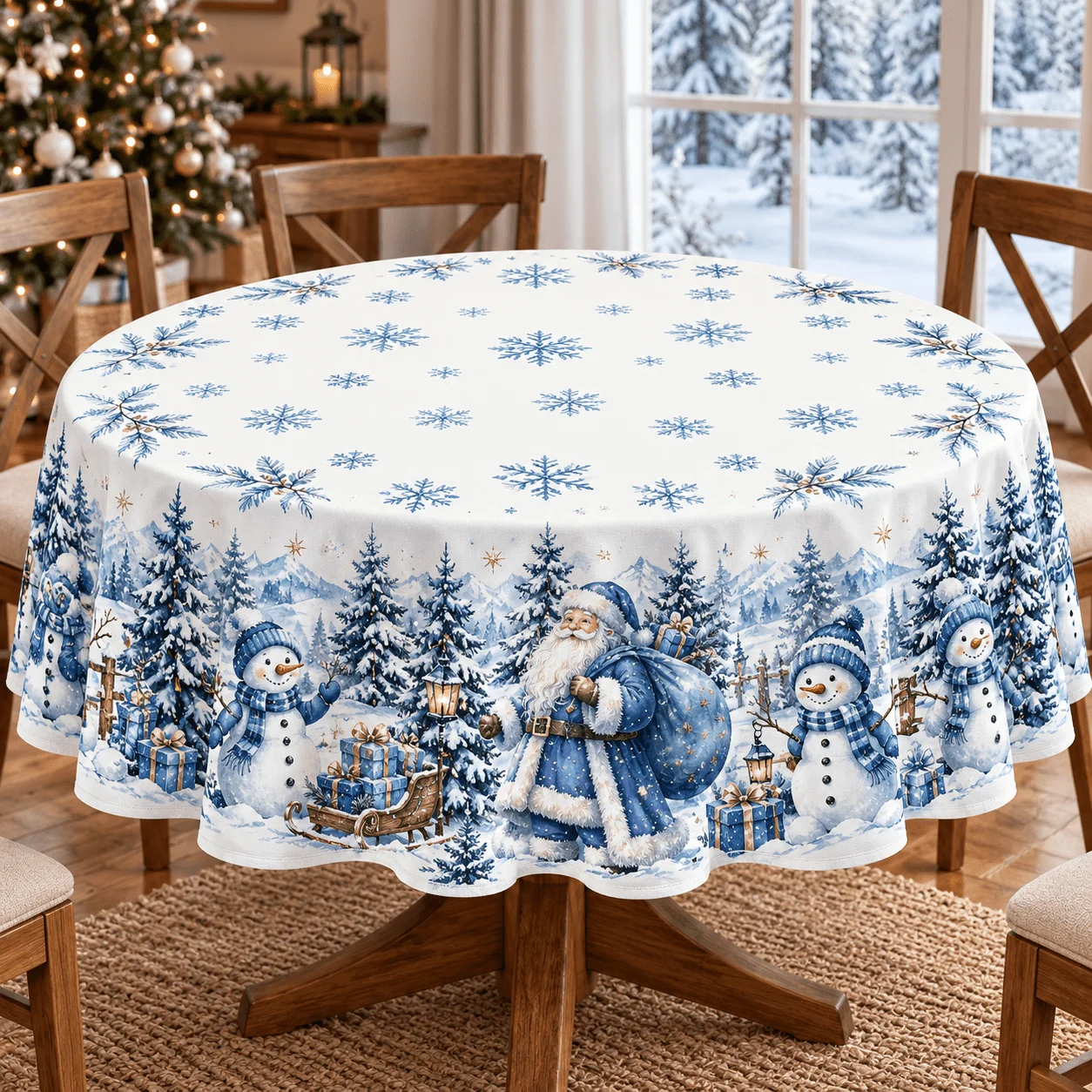 1 round tablecloth, ice blue Santa snowman snowflake print, polyester material, one shop has a Christmas atmosphere