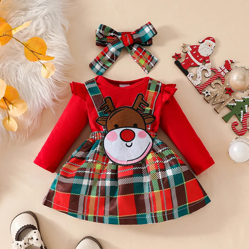 0-18M Baby Girls 3Piece Outfits Set Ruffled Long Sleeve Rompers + Elk Embroidery Plaid Suspender Skirt + Bow Headband