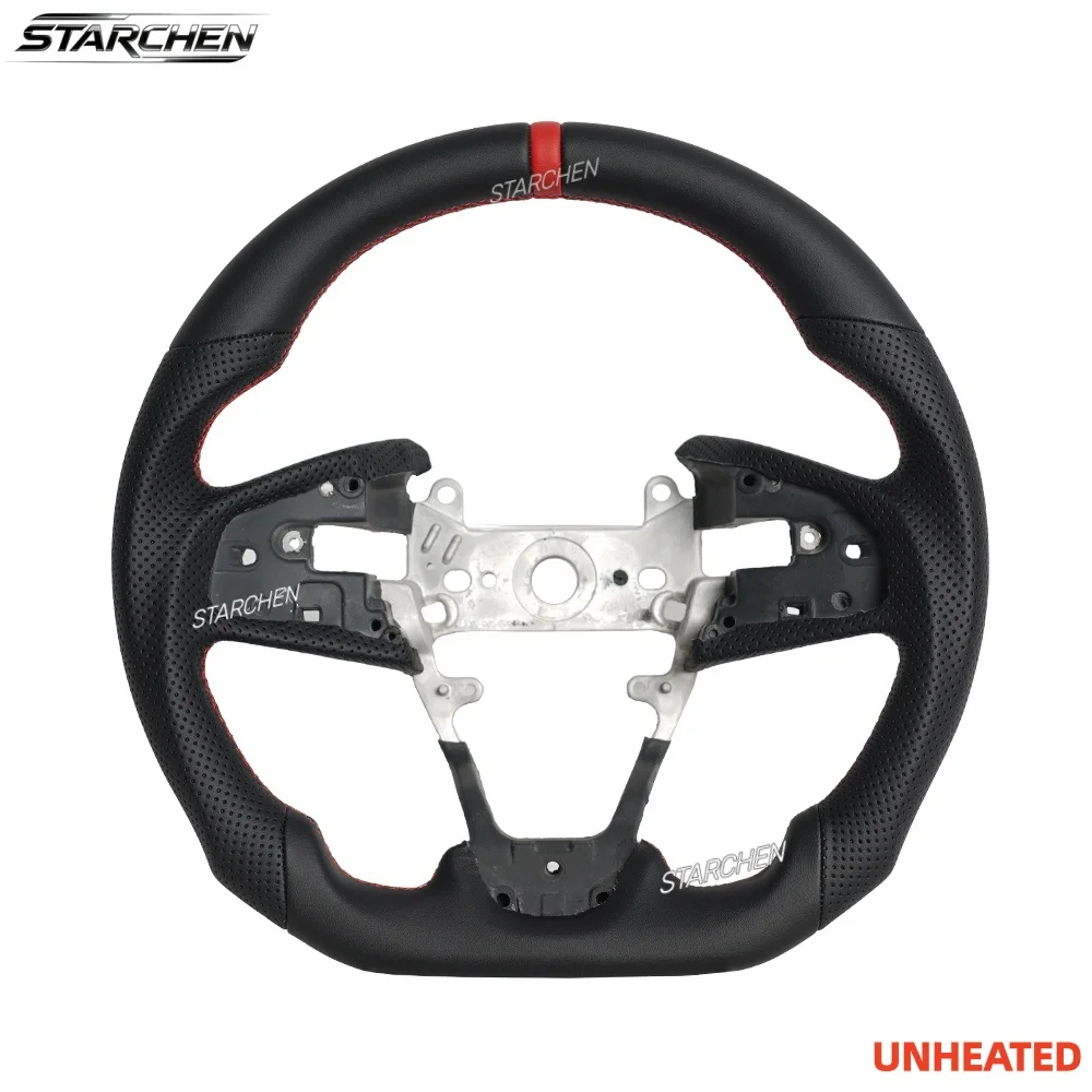 Full Leather Steering Wheel, D-Shaped Flat Bottom Perforated Leather Grip Steering Wheel for Honda Civic Gen 10th Type R Fk8 2017-2021,US Version (Non-heated)