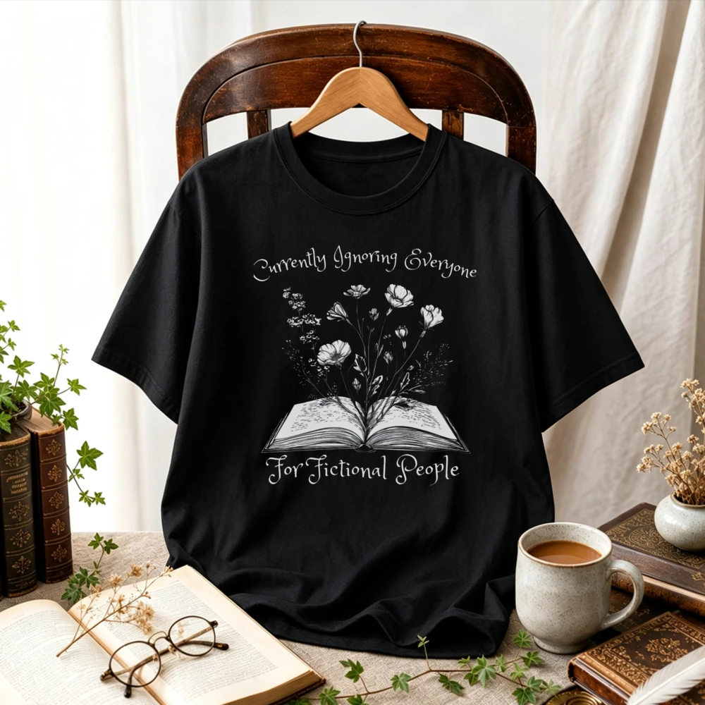 Women Currently Ignoring Obligations for Fictional People Floral Book Graphic T-Shirt Book Lover Bookish Reading Cottagecore Top