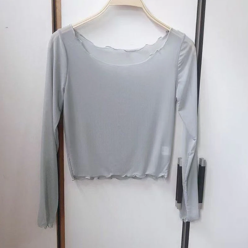 เสื้อตาข่ายซีทรูกันแดดสำหรับผู้หญิง เสื้อครอปท็อป เสื้อเบลาส์เซ็กซี่ ผ้าบางพับได้ ทรงเข้ารูป เสื้อผ้าโปร่งใส สำหรับฤดูใบไม้ผลิ ฤดูร้อน ฤดูใบไม้ร่วง