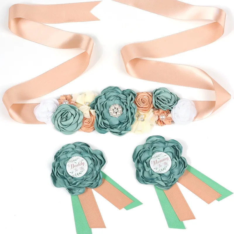 مجموعة حزام زخرفي للأمهات بتصميم زهرة خضراء ومجموعة شارة #4