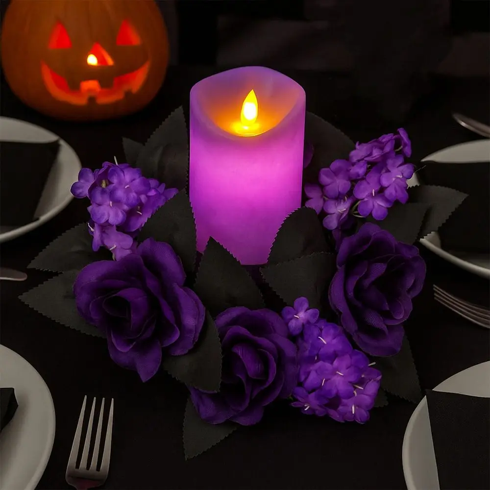 

Purple Halloween Candlestick Wreath Realistic with Leaves Artificial Rose Flowers Spooky Halloween Candle Rings