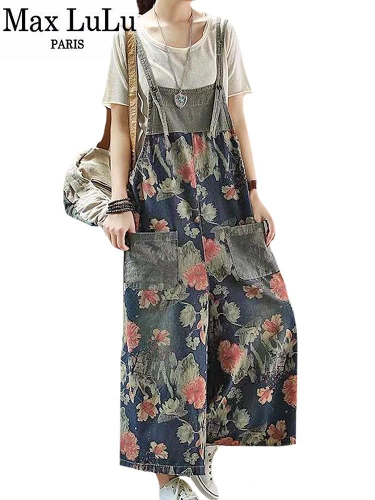 Max LuLu 2023 Autumn Fashion Overalls Womens Loose Printed Denim Wide Pants Ladies Luxury Classic Trousers Casual Floral Jeans