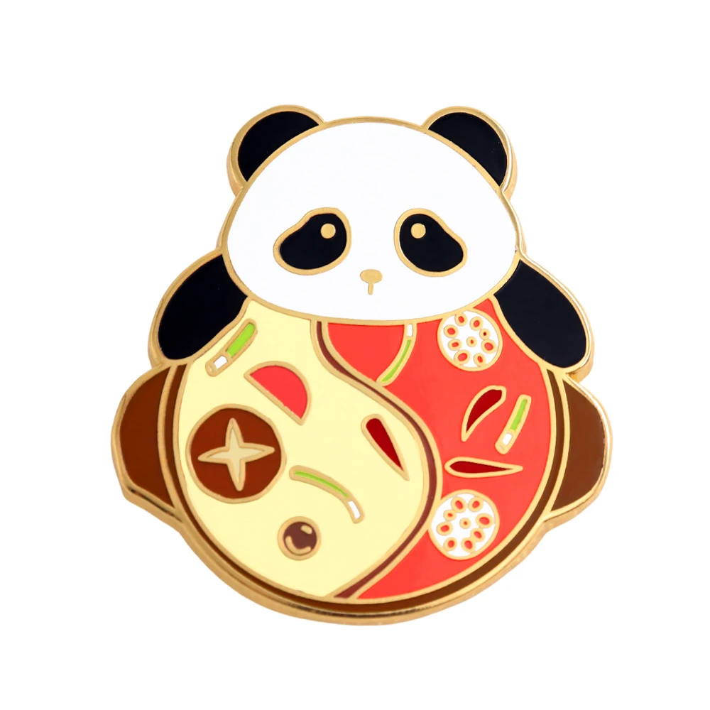 Chinese National Trend Red Panda Chef Mandarin Duck Hot Pot Enamel Brooch Lovely National Treasure Animals Lapel Pin Souvenir Ac