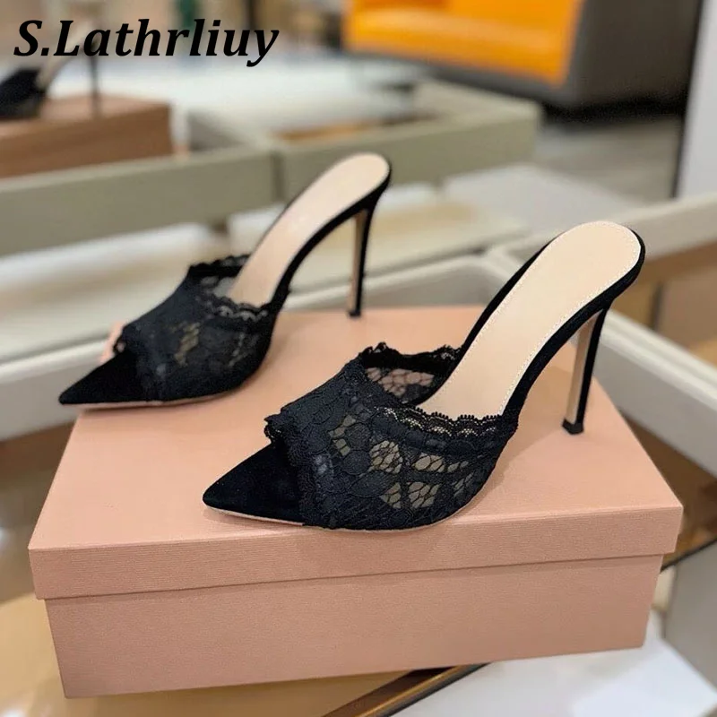 New Thin High Heels Slippers Women's Embroidery Mesh Lazy Pointed Toe Sandals Summer Sexy Versatile Party Dress Shoes Pumps