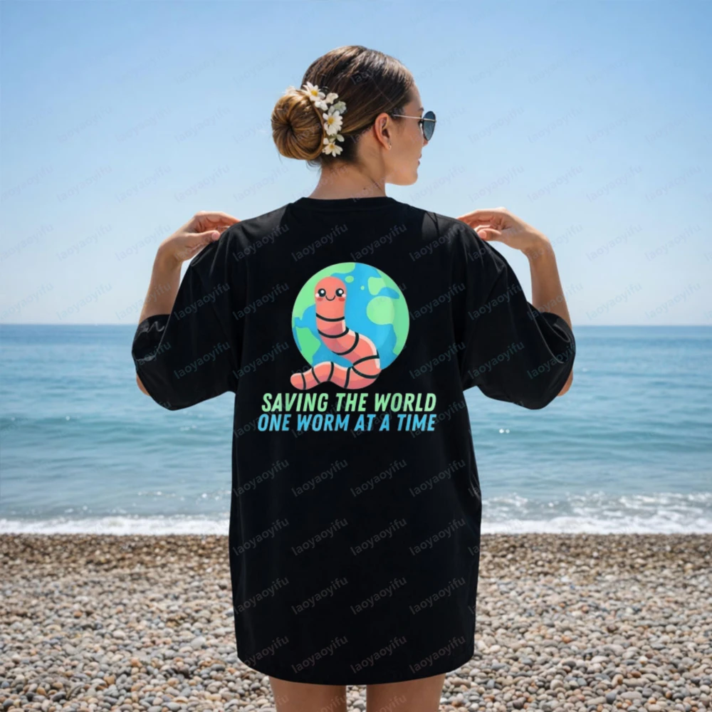 Earthworm-Earth-Day-Saving-The-World-One-Worm-At-A-Time-Cotton-T-Shirt--Graphic-T-Shirts-Y2k-Gothic-Aesthetic-Shirts-for-Women