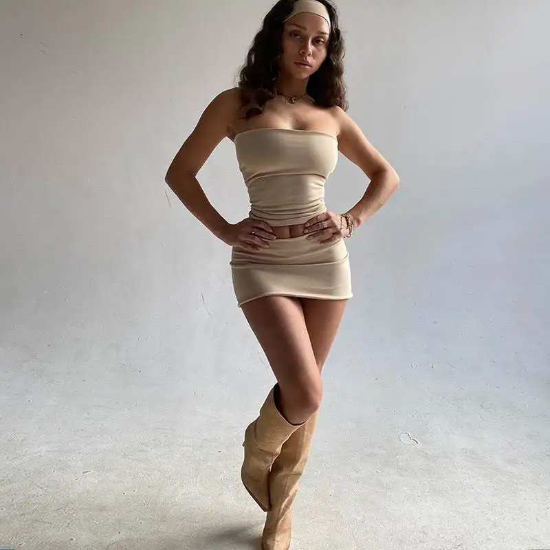 세련된 클래식 블루 심플 섹시 세트 여성 여름 트렌디 스트랩 오트 스커트 핫걸 의상 엘레강스 앙상블