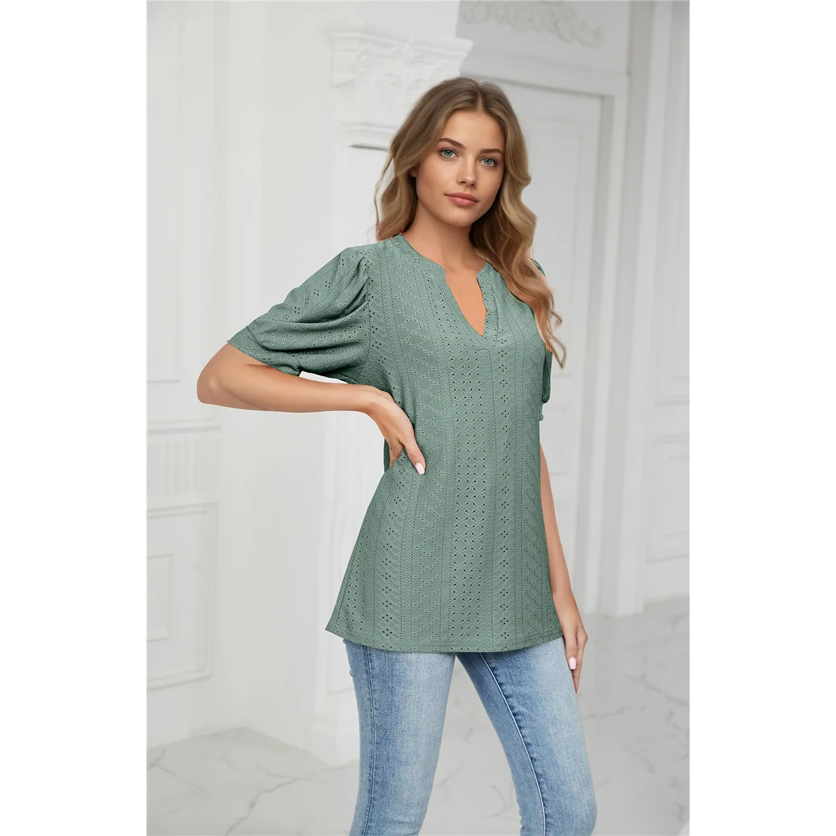 

CYL-Summer Puff Short Sleeve Shirts Dark Green XXL