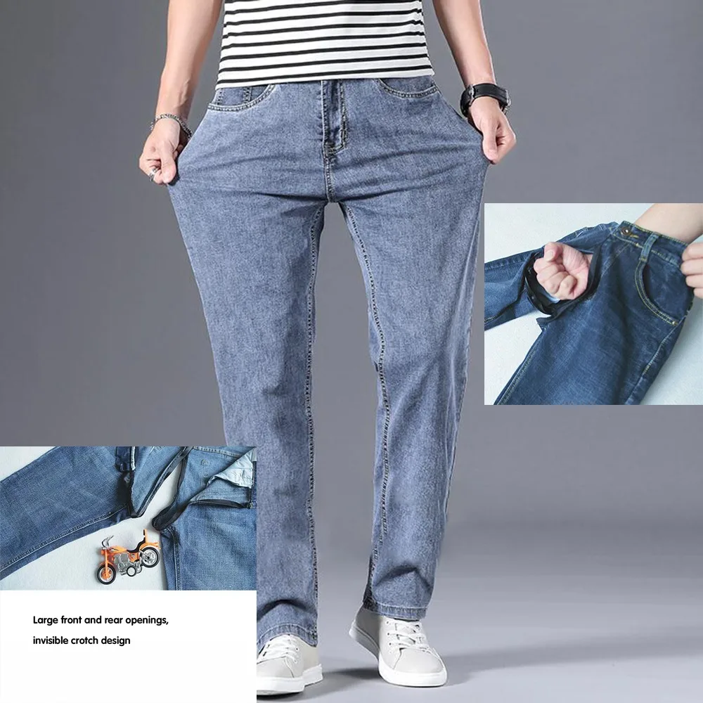 Calça jeans masculina de alta qualidade, virilha aberta invisível, sexo ao ar livre, verão, ajuste fino, calças retas, fina, versátil, simples e confortável
